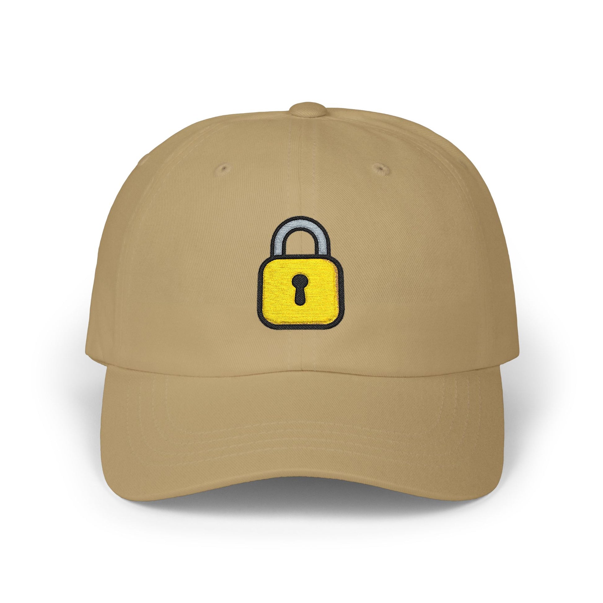 Lock Embroidered Dad Cap — Minimal Yellow Padlock Baseball Hat Hats Printify Khaki One size