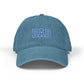 Dad Embroidered Denim Hat — Vintage Varsity Lettering Cap Hats Printify One size Blue