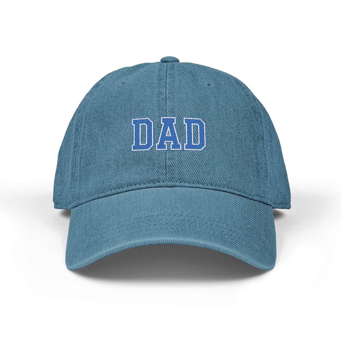 Dad Embroidered Denim Hat — Vintage Varsity Lettering Cap Hats Printify One size Blue