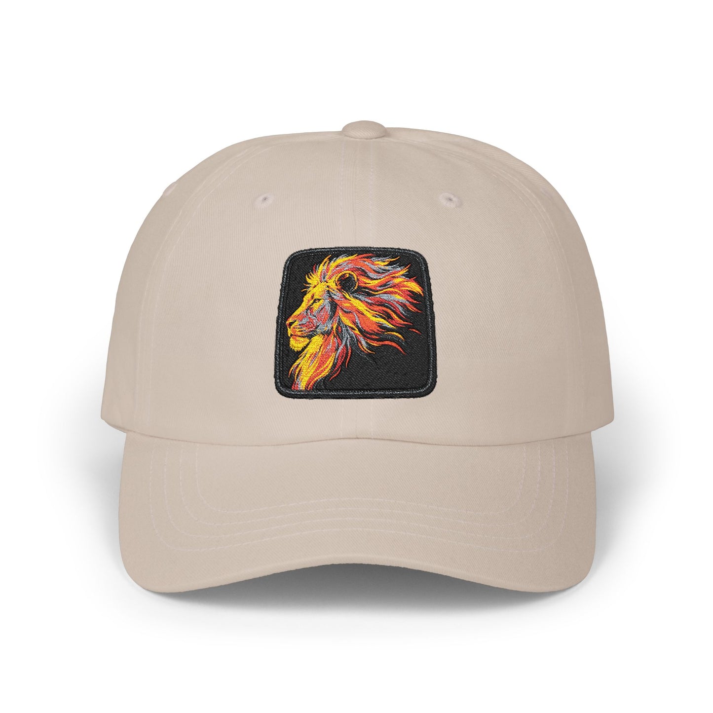 Dad Cap — Embroidered Fiery Lion Patch Baseball Hat Hats Printify One size Stone