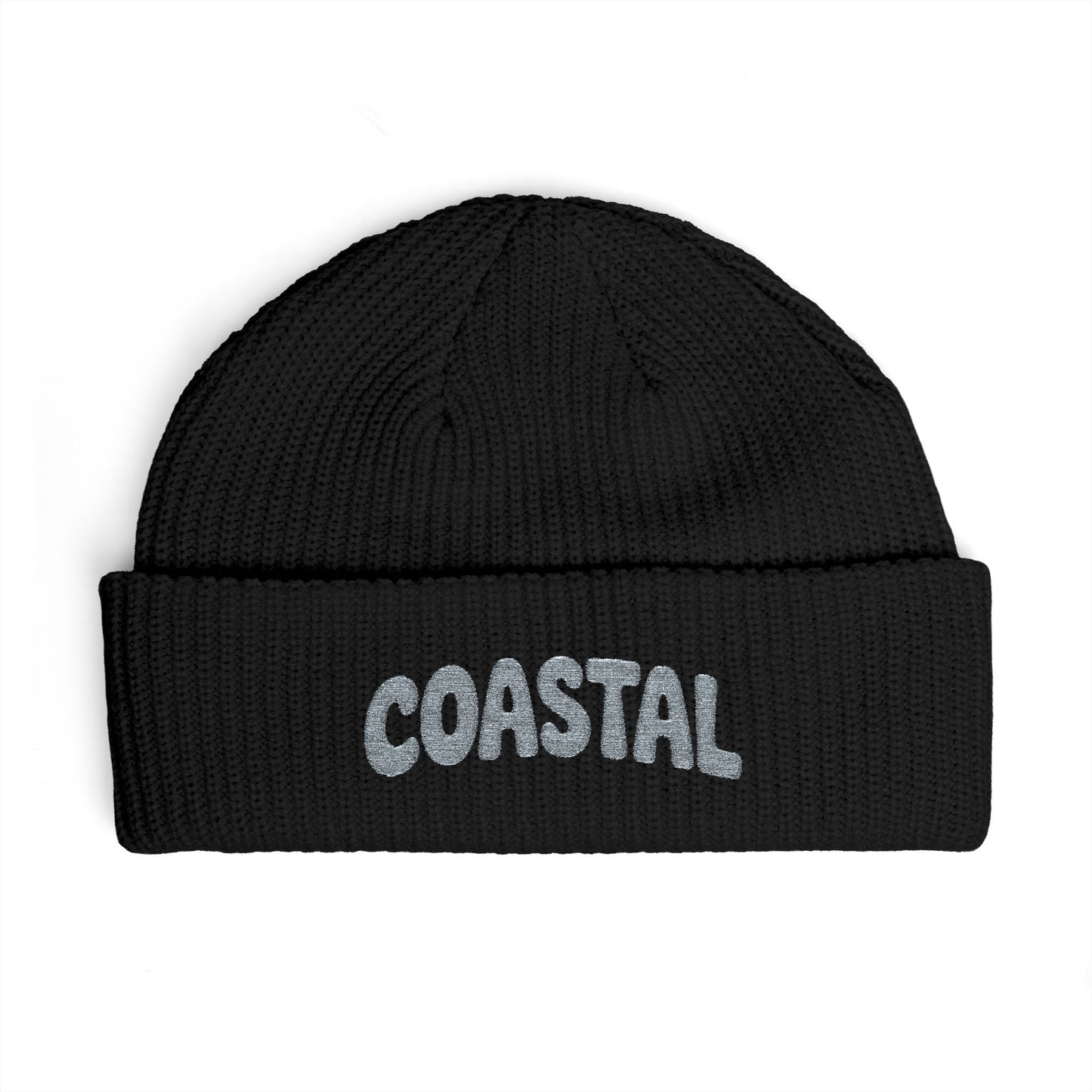 Coastal Cuff Beanie — Knit Winter Hat with 'COASTAL' Embroidered Seaglass Script Hats Printify One size Black
