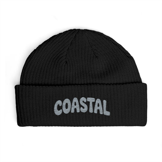 Coastal Cuff Beanie — Knit Winter Hat with 'COASTAL' Embroidered Seaglass Script Hats Printify One size Black