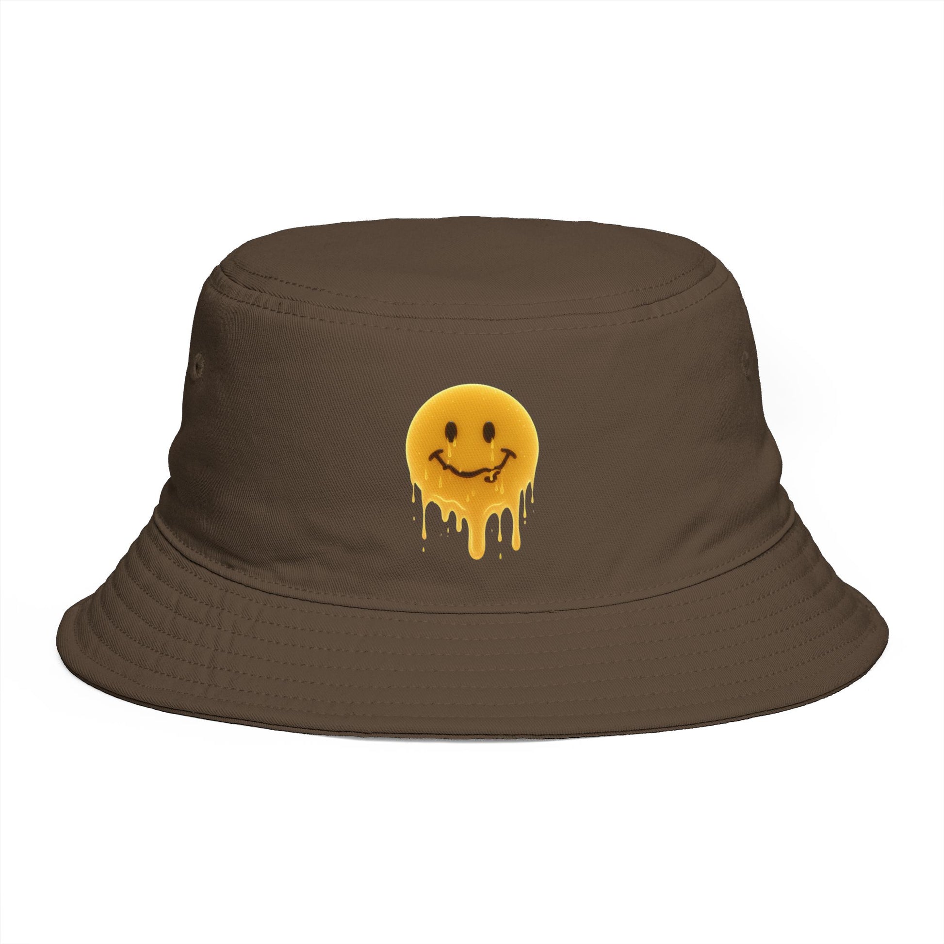 Smiley Drip Bucket Hat — Retro Melted Smile Face Sun Hat Hats Printify One size Walnut