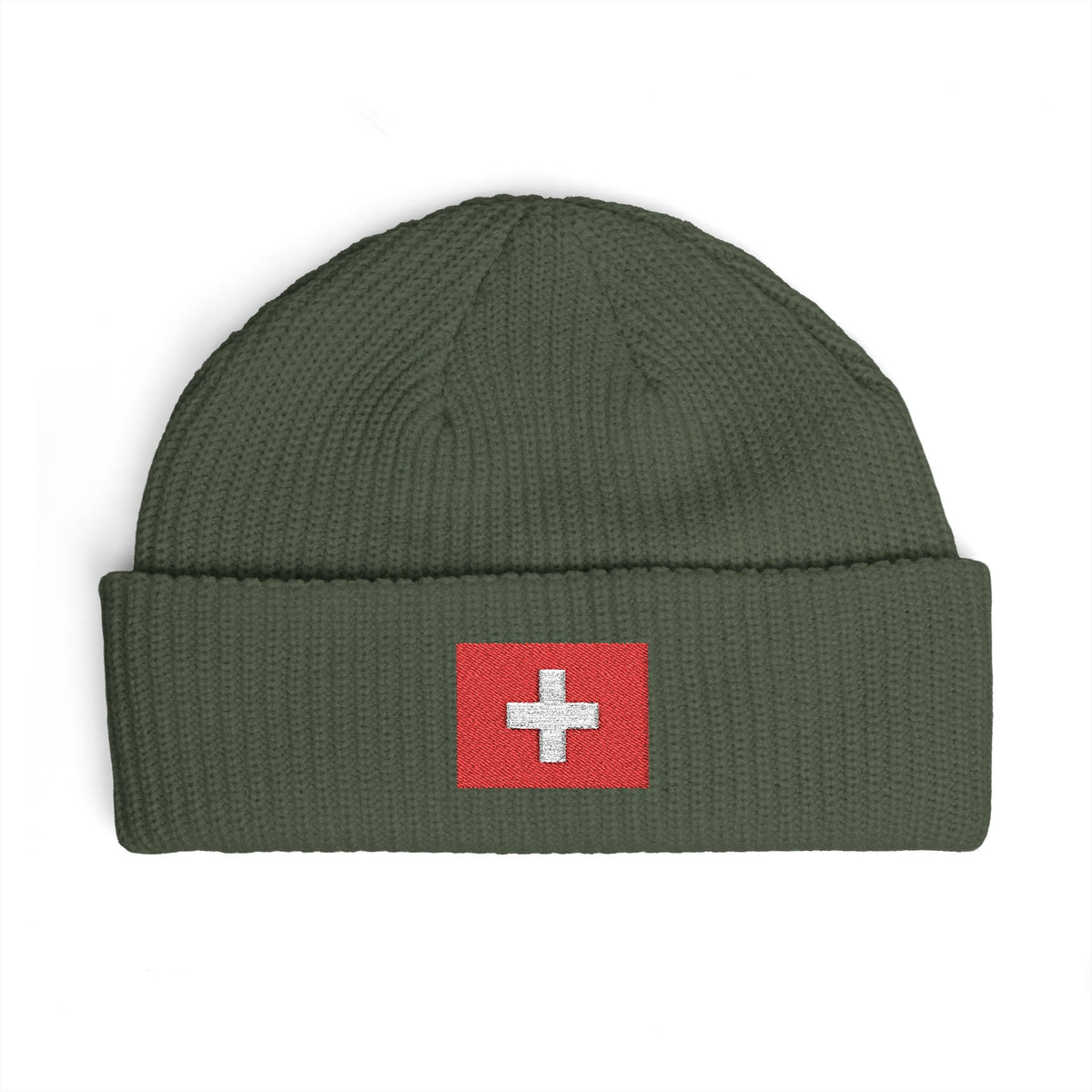 Swiss Cross Cuff Beanie — Embroidered Red Flag Patch Winter Hat Hats Printify One size Cypress