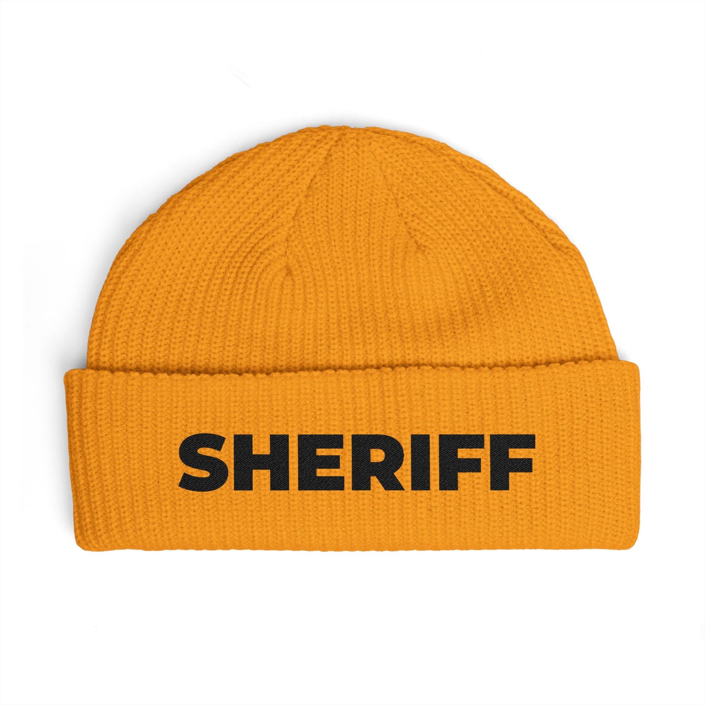 Cuff Beanie - 'SHRIFF' Embroidered Knit Hat (Festive Green-Gold Lettering) Hats Printify One size Gold