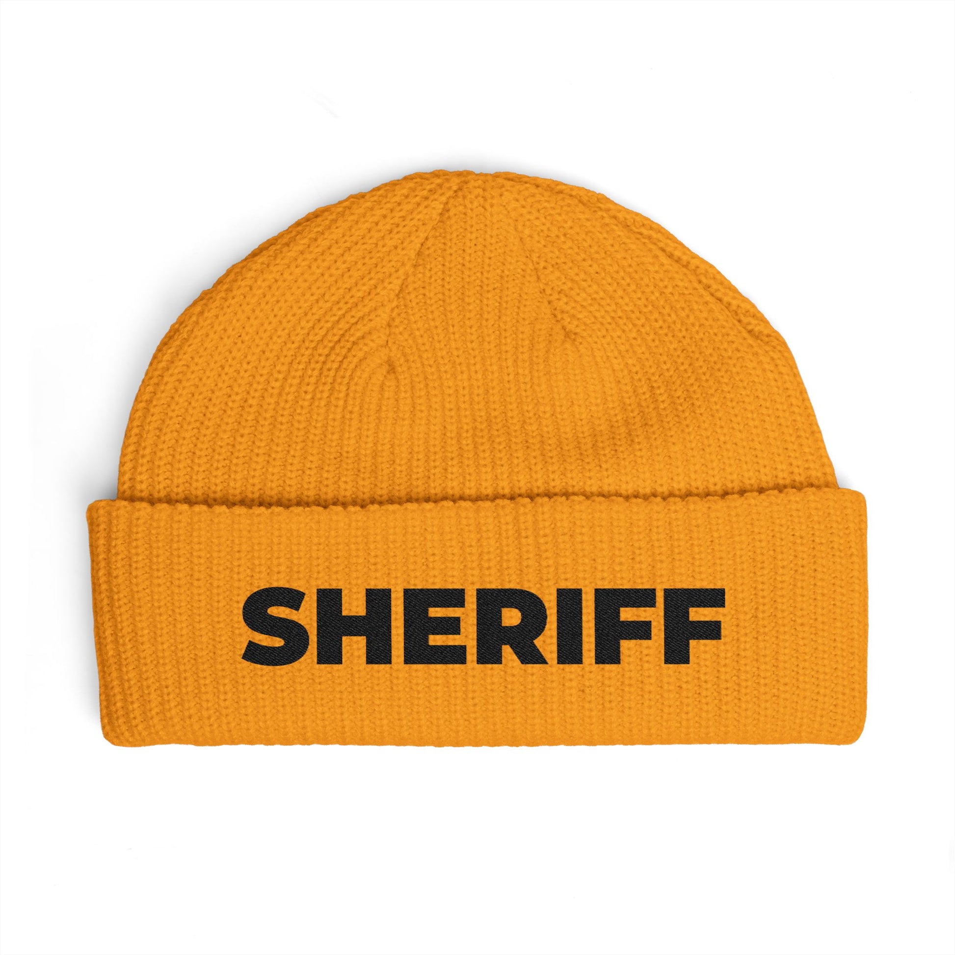 Cuff Beanie - 'SHRIFF' Embroidered Knit Hat (Festive Green-Gold Lettering) Hats Printify One size Gold