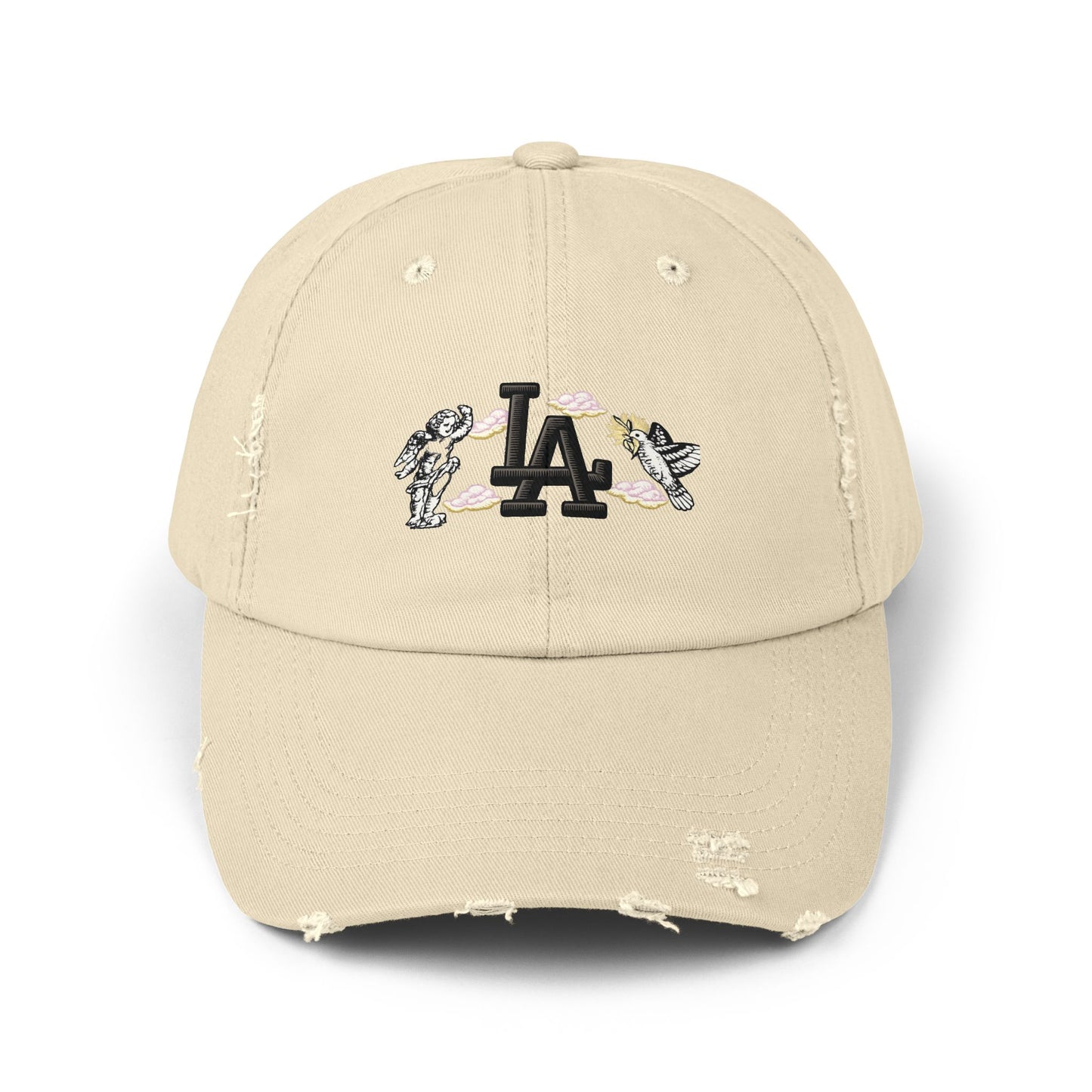 Distressed Baseball Cap — LA Logo with Angel Wings & Clouds Hats Printify Stone One size