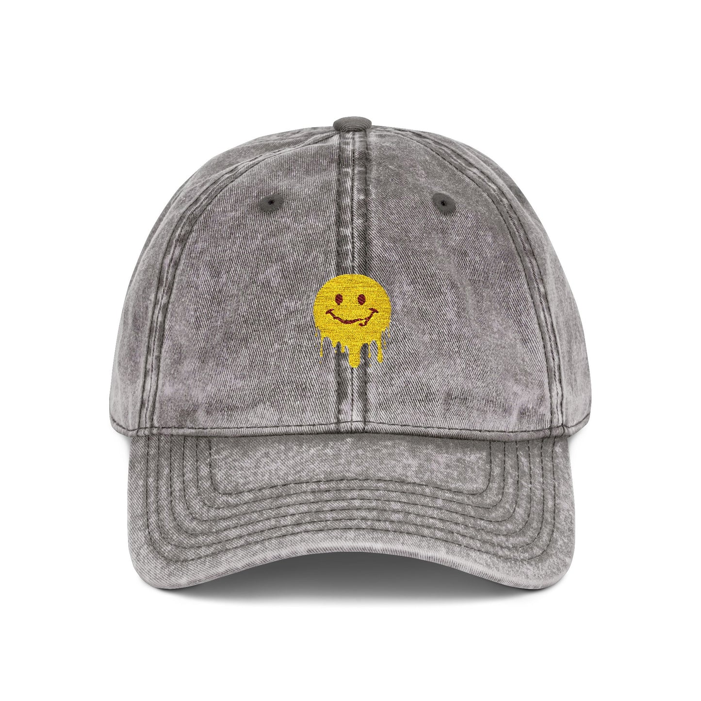 Embroidered Vintage Cap — Dripping Yellow Smiley Face Hat Hats Printify One size Charcoal Grey
