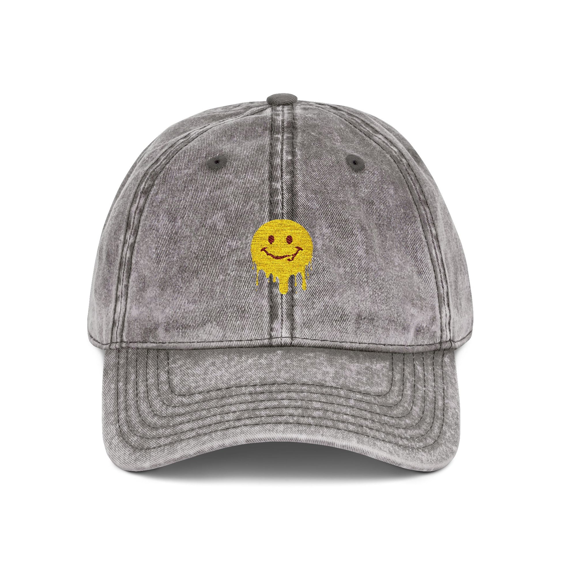 Embroidered Vintage Cap — Dripping Yellow Smiley Face Hat Hats Printify One size Charcoal Grey