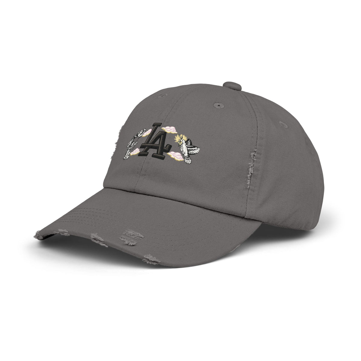 Distressed Baseball Cap — LA Logo with Angel Wings & Clouds