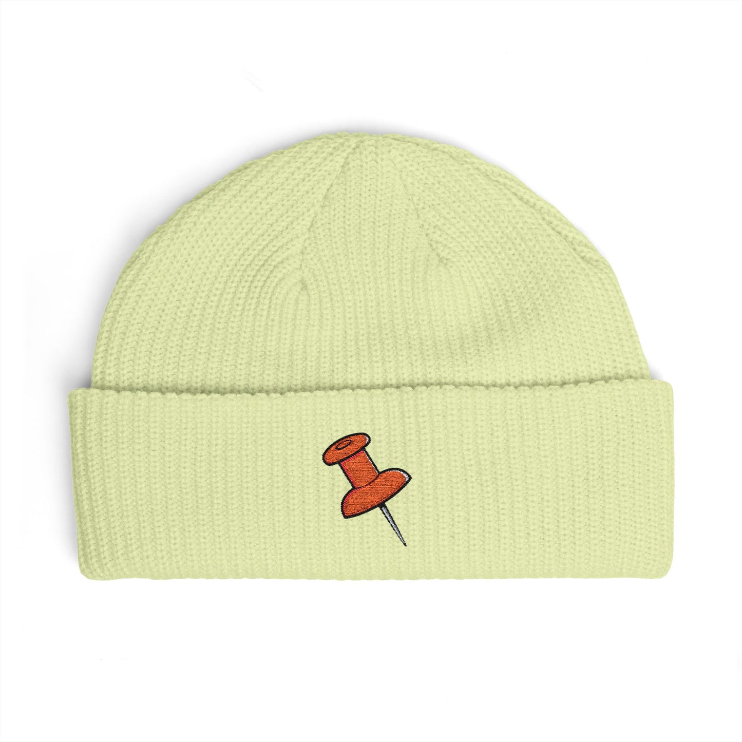 Cuff Beanie with Orange Pushpin Embroidery – Casual Streetwear Knit Hat Hats Printify