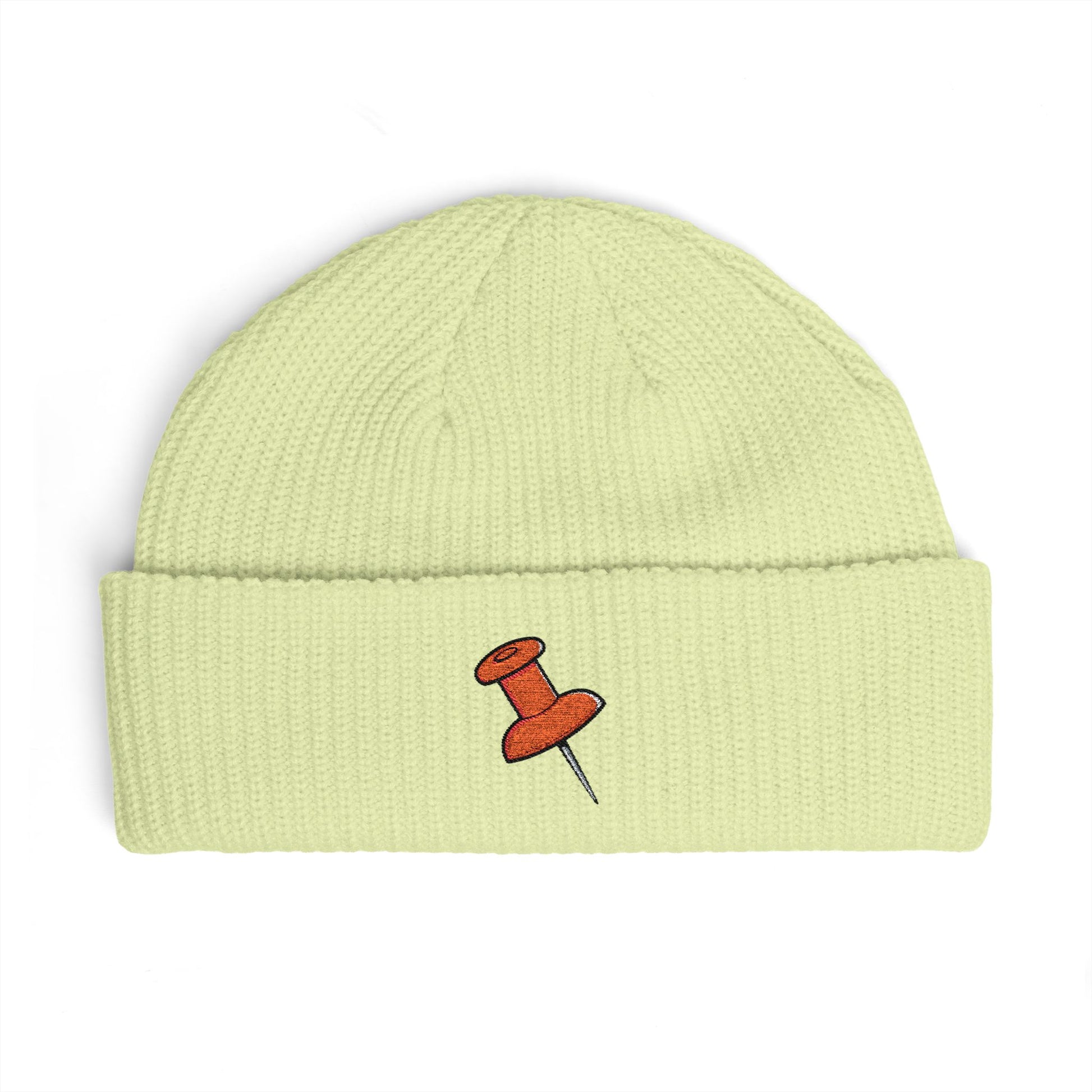 Cuff Beanie with Orange Pushpin Embroidery – Casual Streetwear Knit Hat Hats Printify