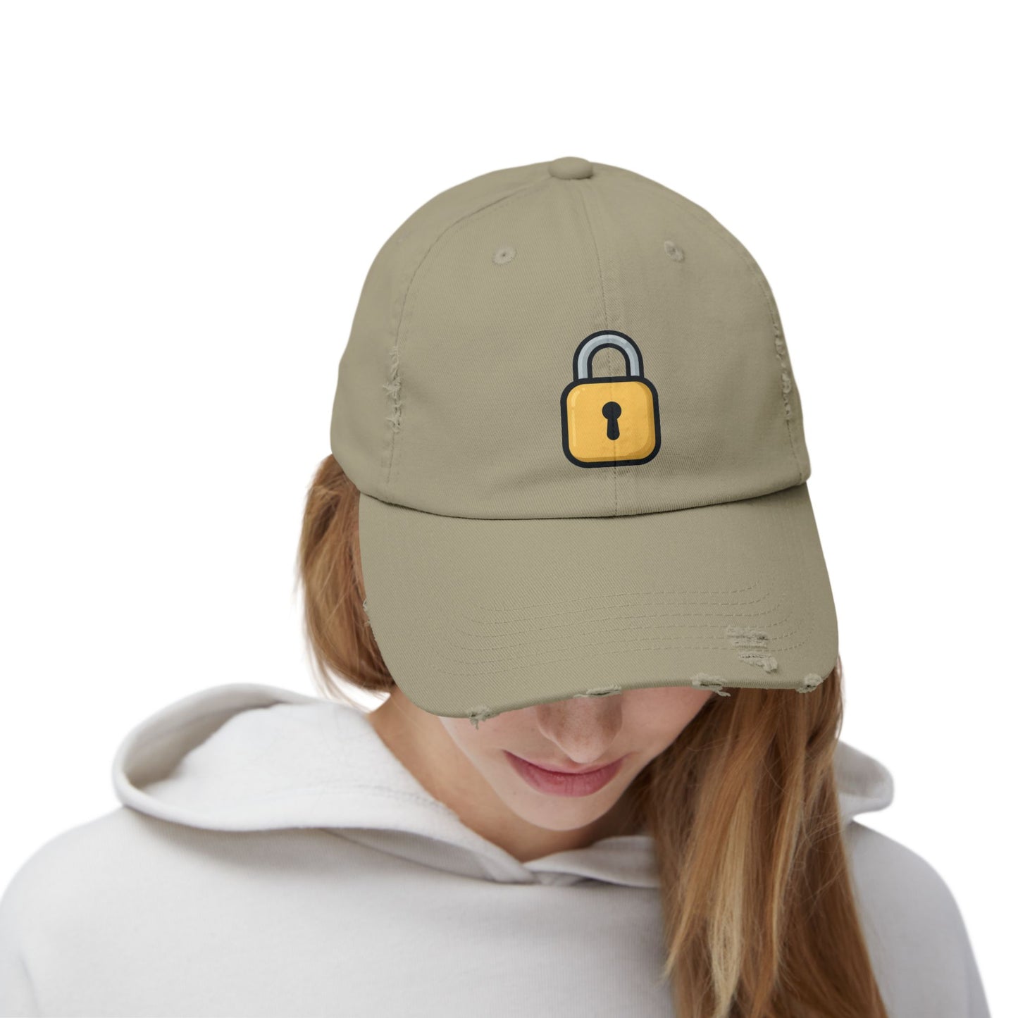 Padlock Distressed Cap — Minimal Lock Embroidered Baseball Hat Hats Printify