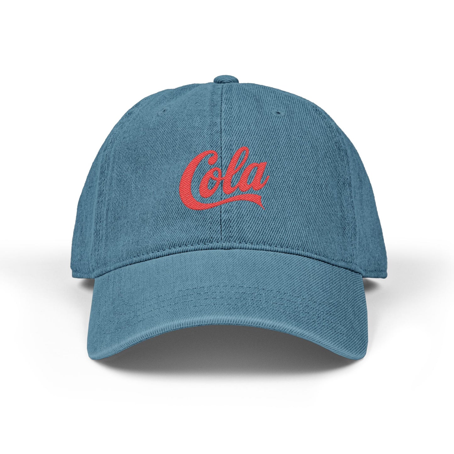 Embroidered 'Cola' Denim Hat – Vintage Script Baseball Cap Hats Printify One size Blue