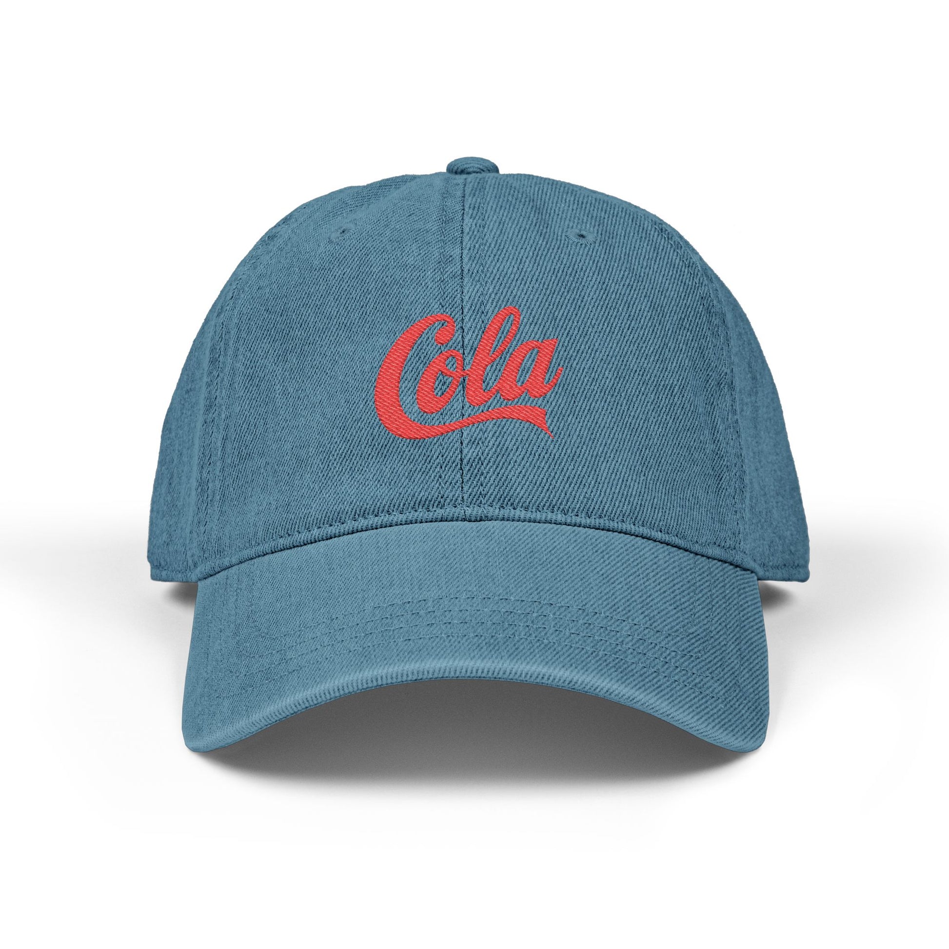 Embroidered 'Cola' Denim Hat – Vintage Script Baseball Cap Hats Printify One size Blue