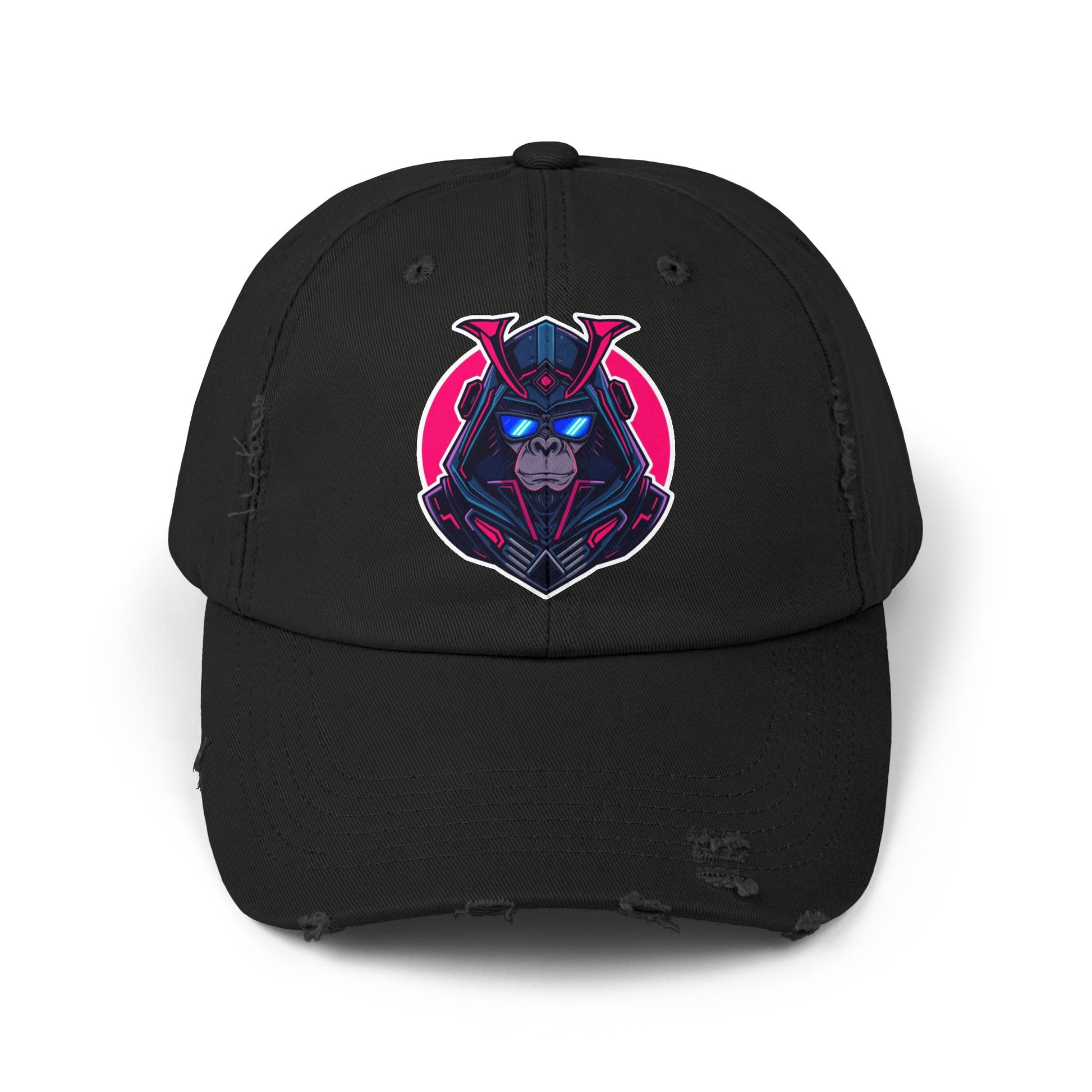 Samurai Skull Distressed Cap — Neon Retro Gamer Hat Hats Printify Black One size