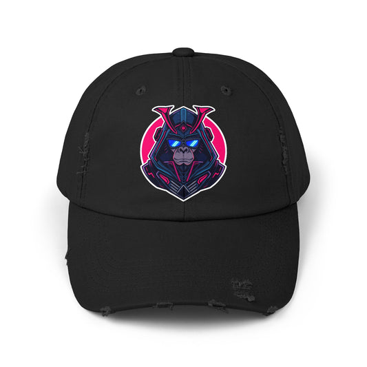 Samurai Skull Distressed Cap — Neon Retro Gamer Hat Hats Printify Black One size