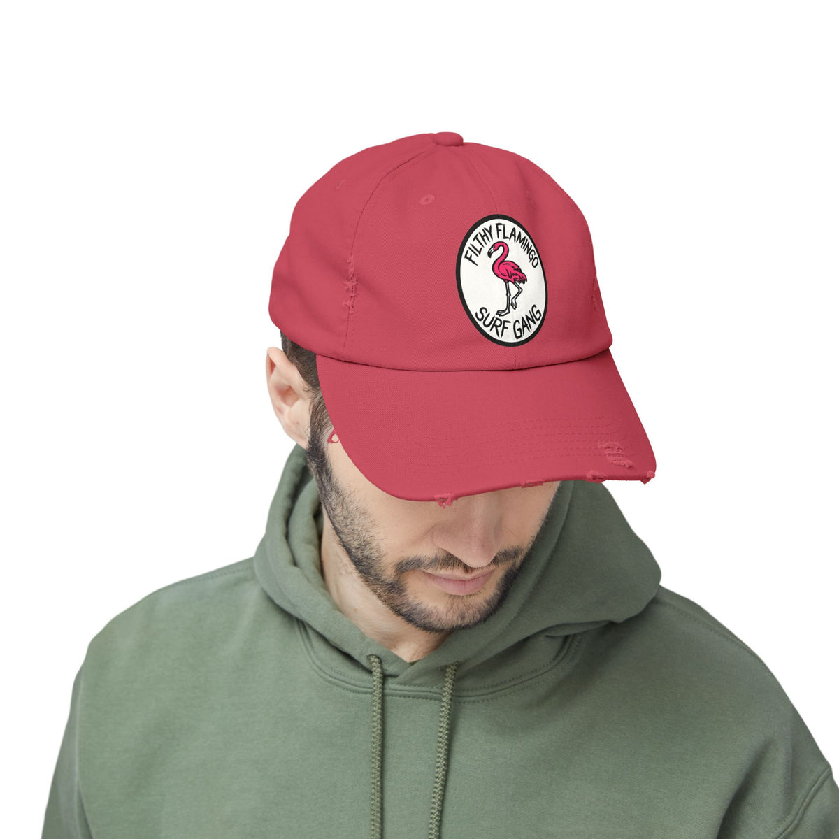 Distressed Surf Cap — "Filthy Flamingo Surf Gang" Embroidered Patch Hat