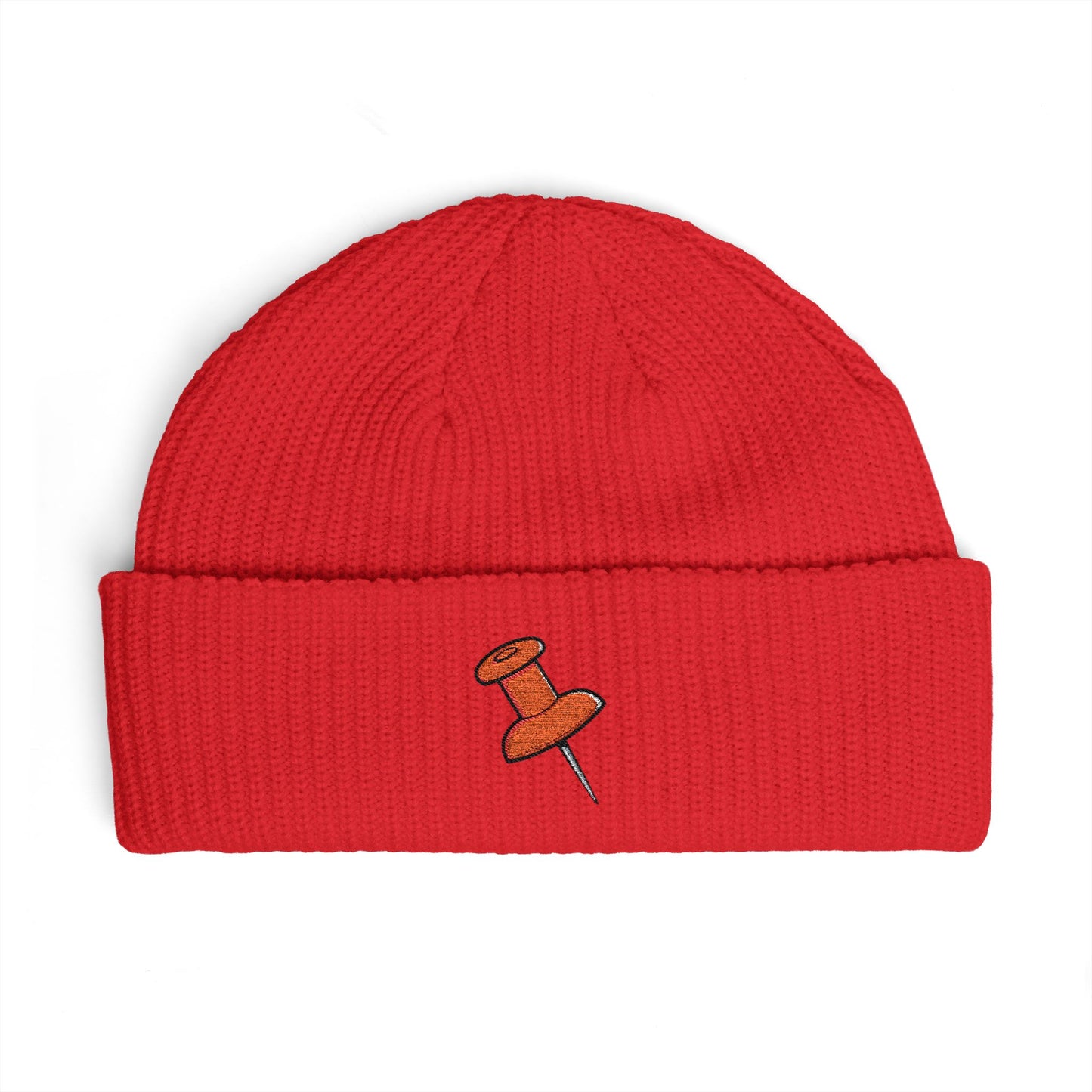 Cuff Beanie with Orange Pushpin Embroidery – Casual Streetwear Knit Hat Hats Printify One size Red