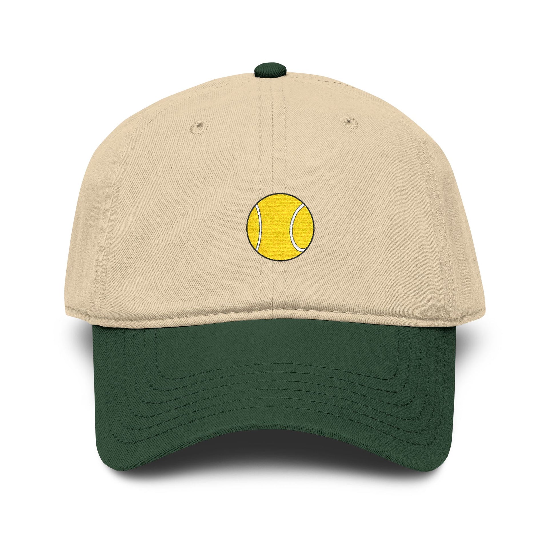Washed Baseball Cap with Tiny Yellow Tennis Ball Embroidery Hats Printify One size Dark Green / Khaki