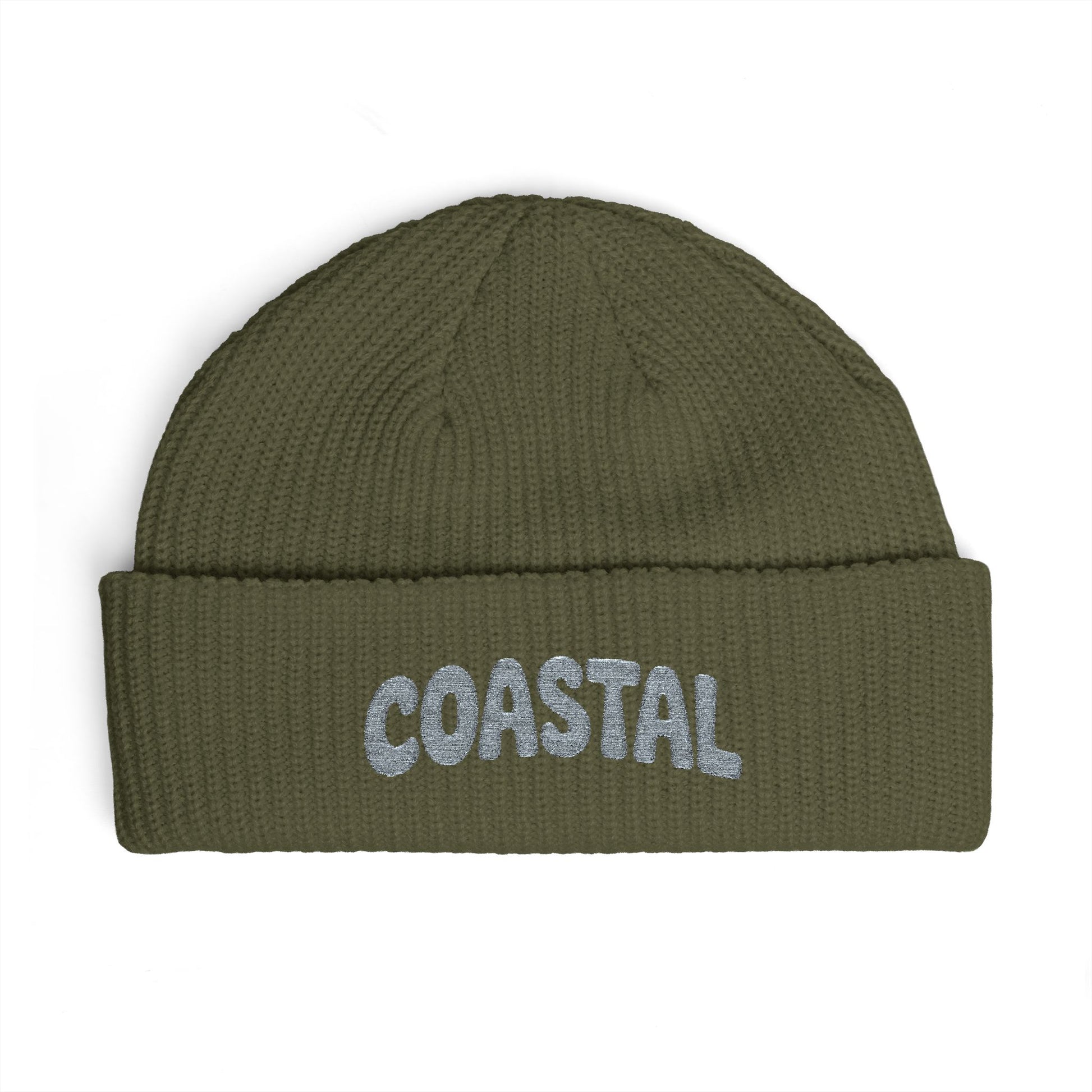Coastal Cuff Beanie — Knit Winter Hat with 'COASTAL' Embroidered Seaglass Script Hats Printify One size Army