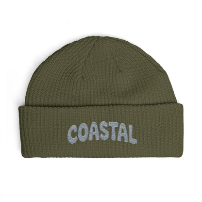 Coastal Cuff Beanie — Knit Winter Hat with 'COASTAL' Embroidered Seaglass Script Hats Printify One size Army