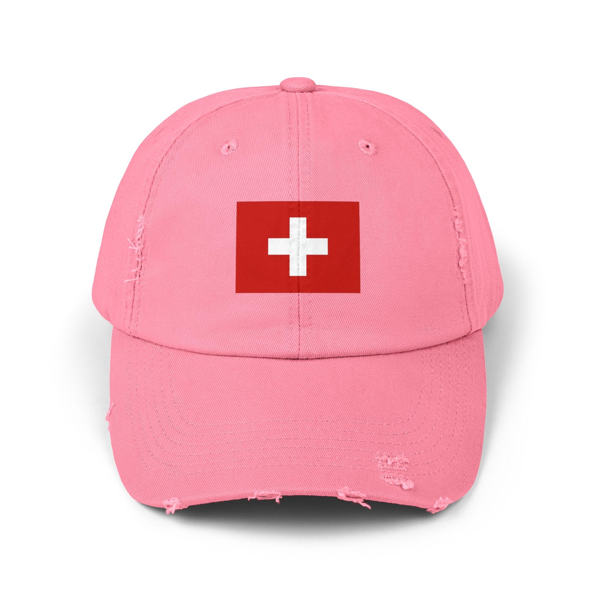Swiss Flag Distressed Cap — Vintage Red Cross Baseball Hat Hats Printify True Pink One size