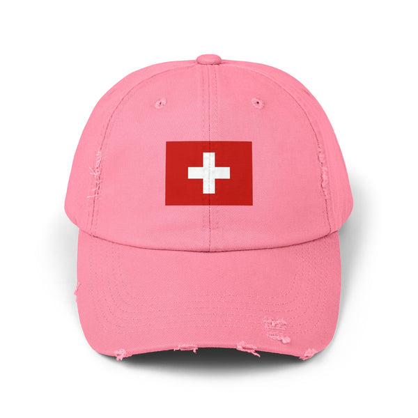 Swiss Flag Distressed Cap — Vintage Red Cross Baseball Hat Hats Printify True Pink One size