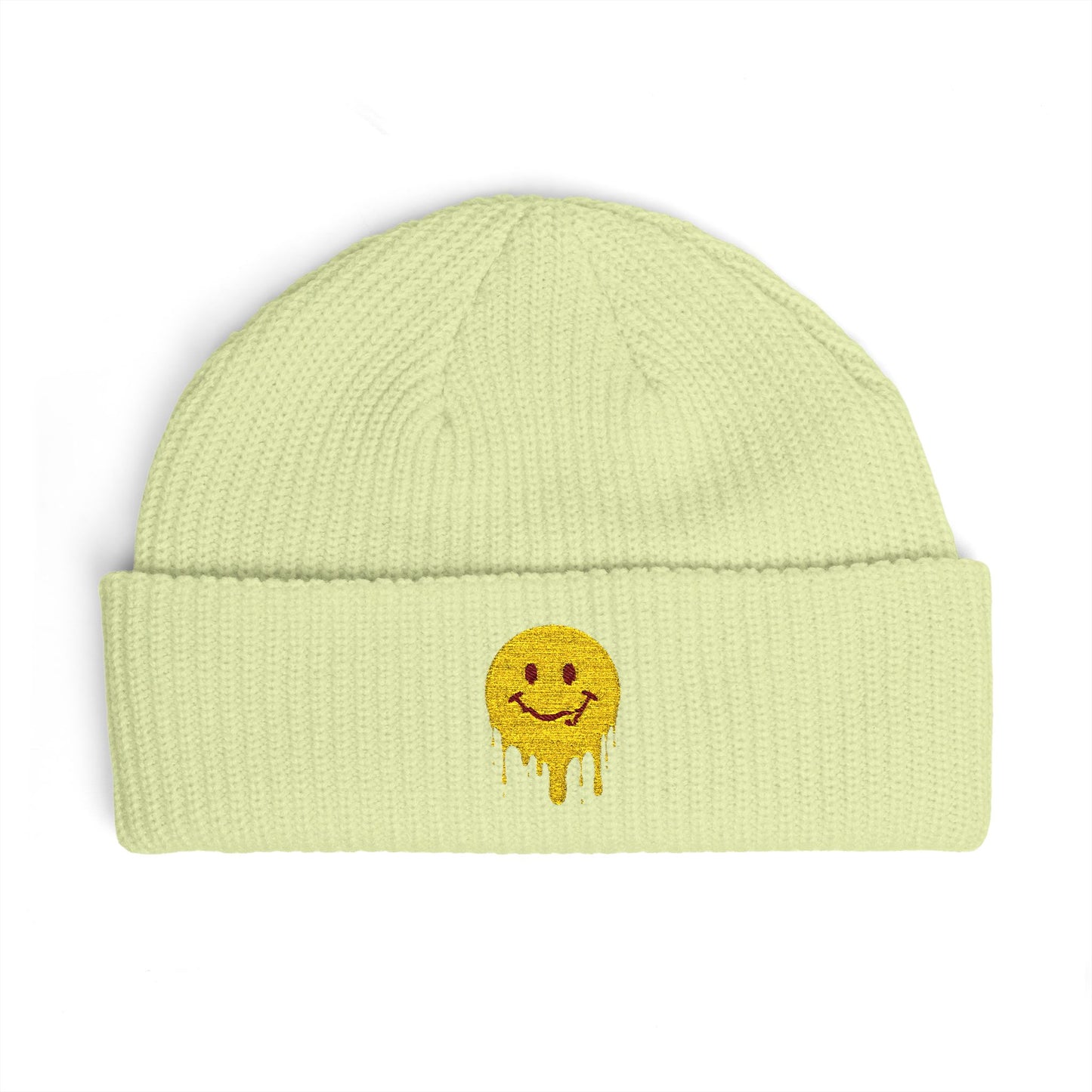 Dripping Smiley Cuff Beanie — Cozy Knit Hat with Yellow Drip Emoji Embroidery Hats Printify
