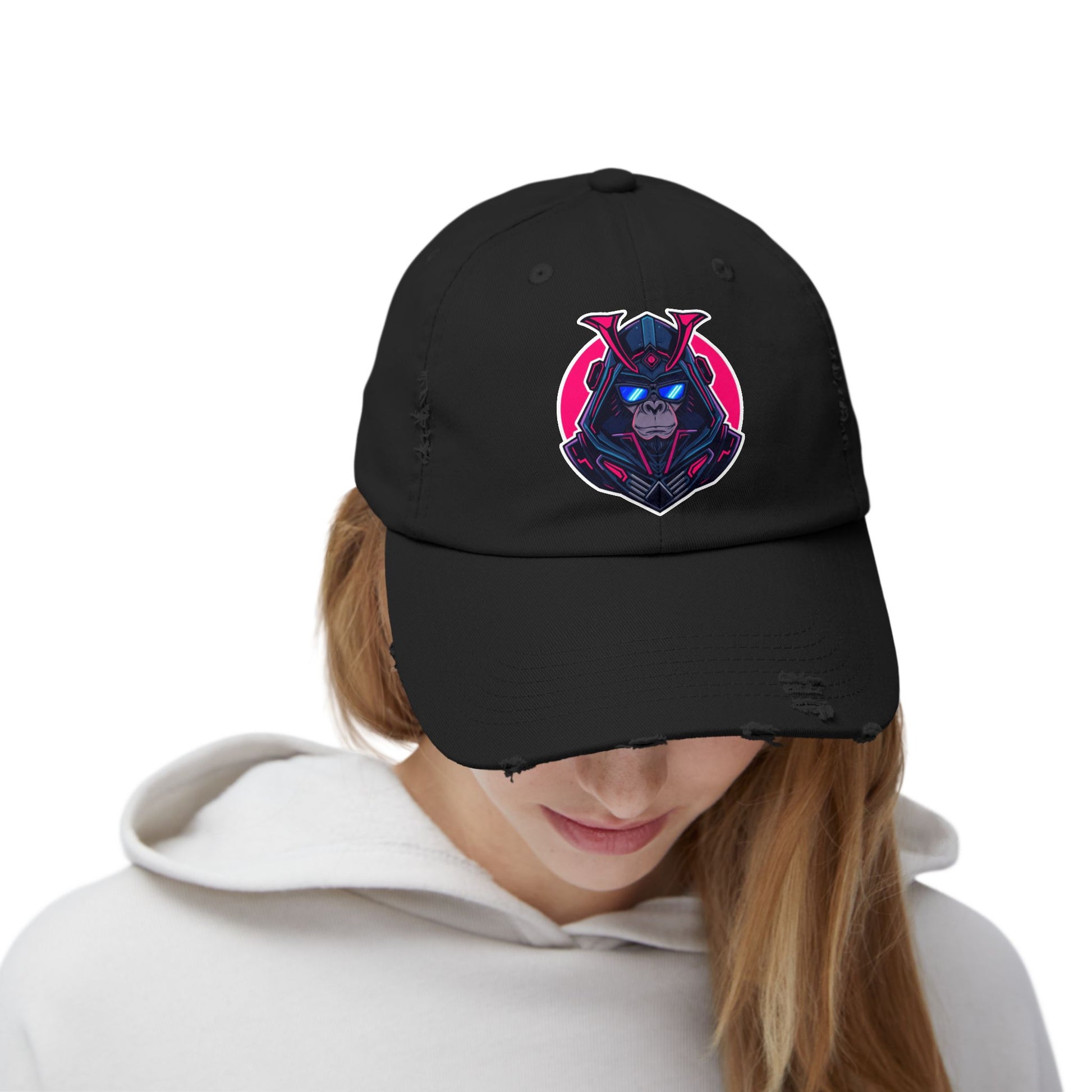 Samurai Skull Distressed Cap — Neon Retro Gamer Hat Hats Printify