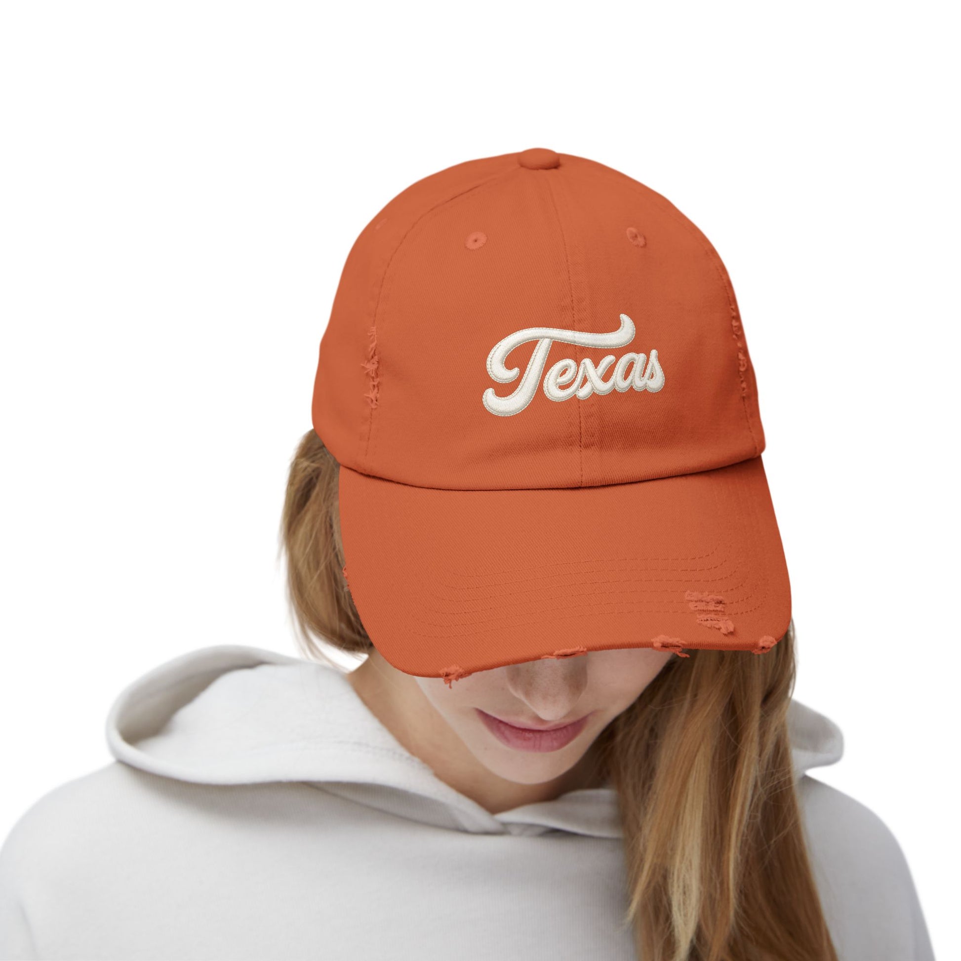 Texas Distressed Baseball Cap — Vintage Script Embroidered Hat Hats Printify