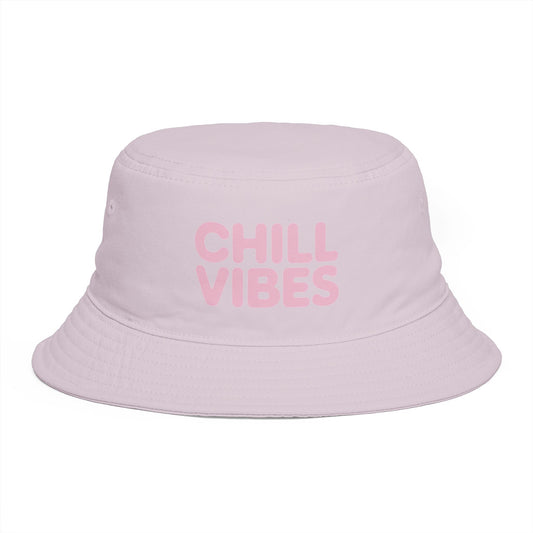 Chill Vibes Bucket Hat — Retro Pink Text Cotton Sun Hat