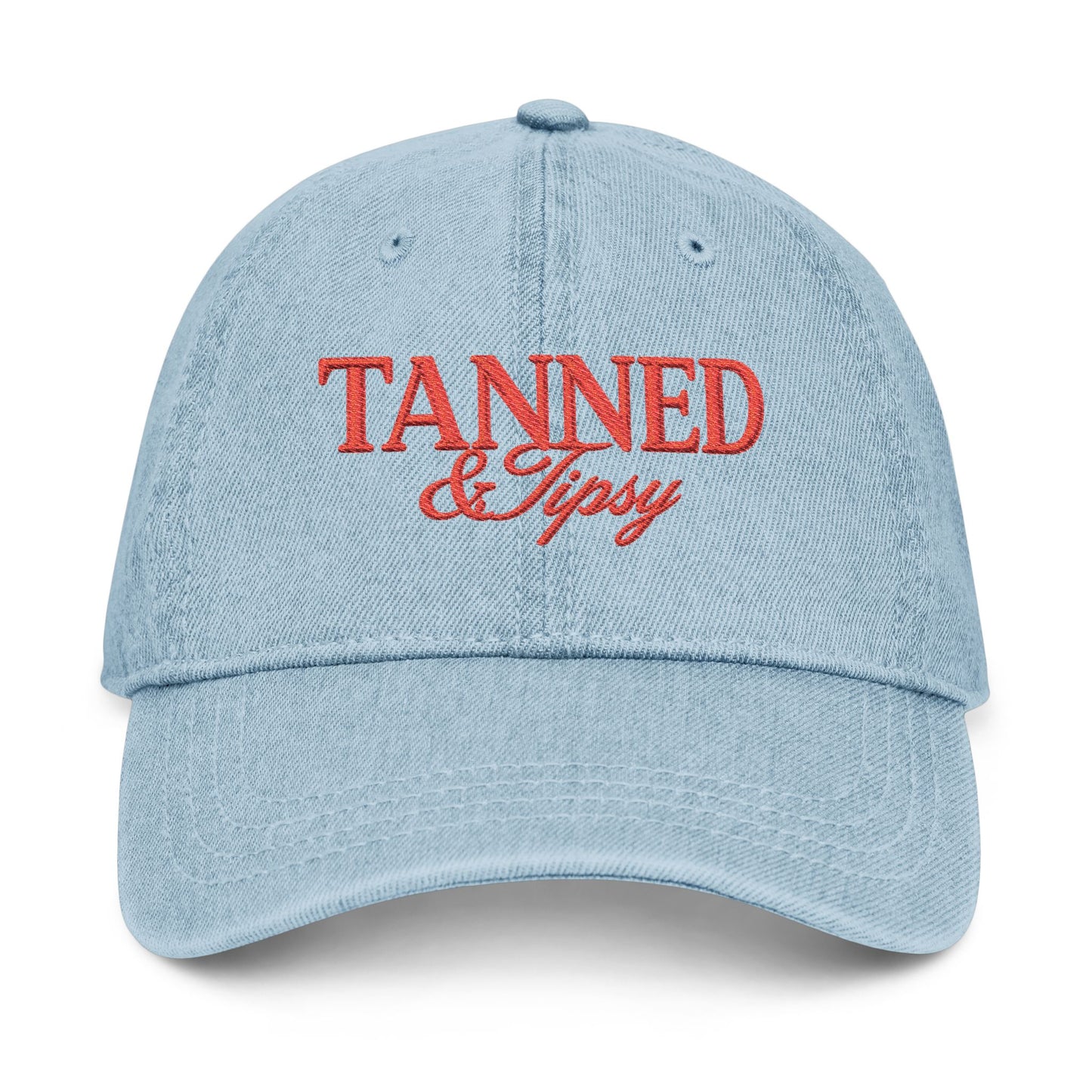 Tanned & Tipsy Embroidered Hat — Casual Denim Cap for Beach Days & Vacations