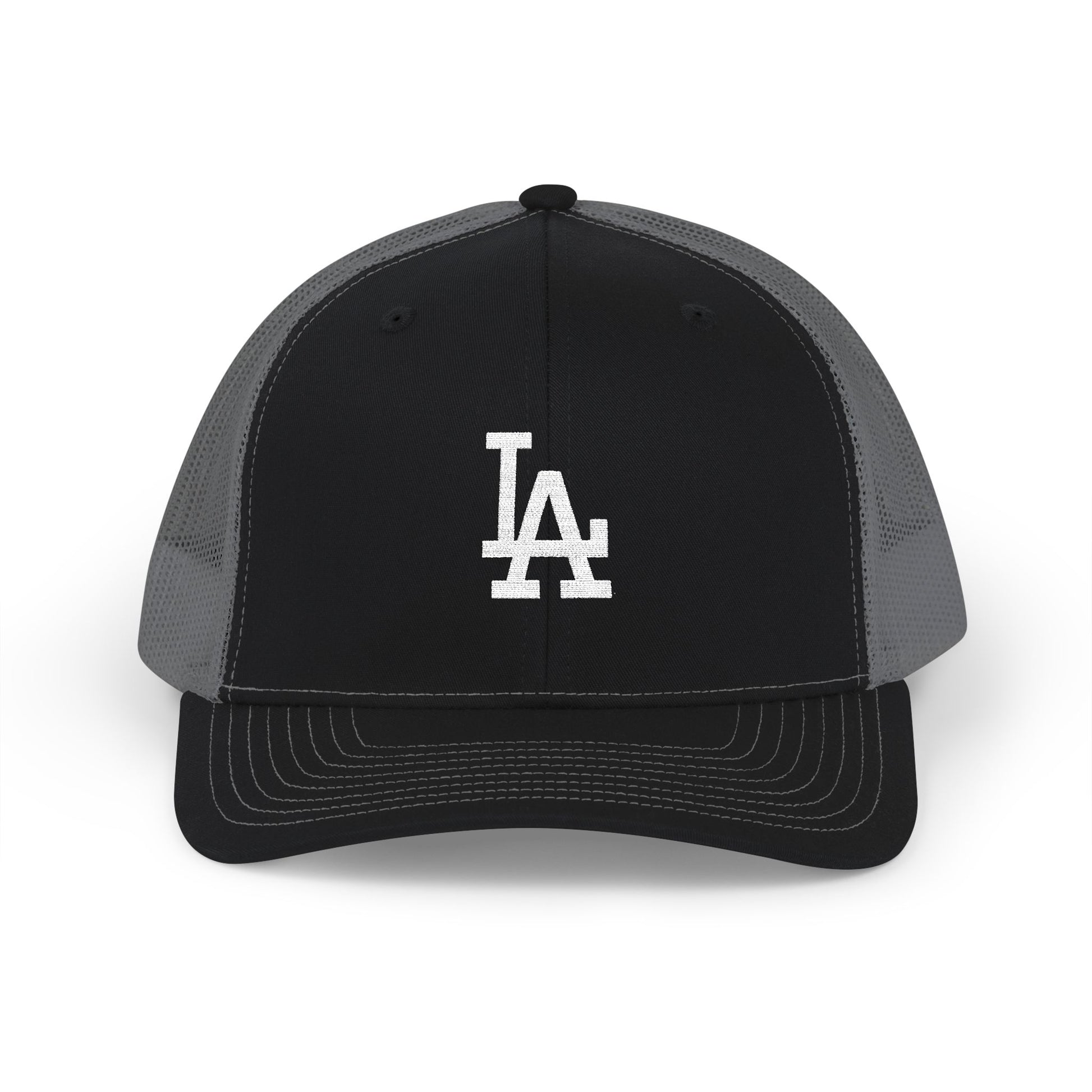 Embroidered LA Logo Snapback Trucker Cap Hats Printify One size Black/Charcoal