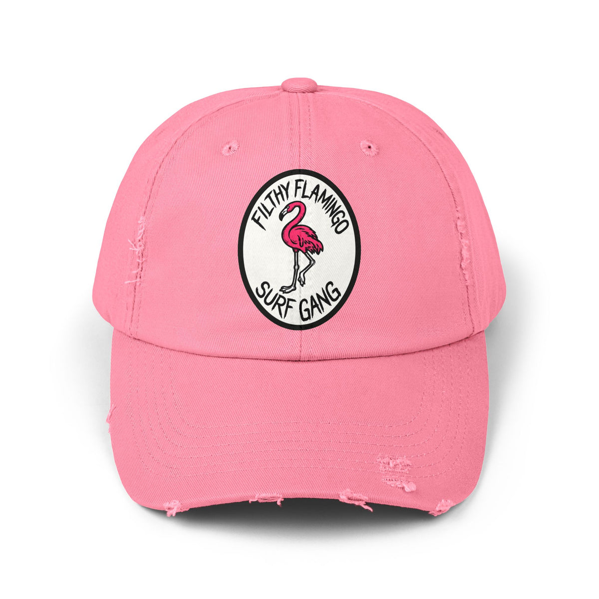 Distressed Surf Cap — "Filthy Flamingo Surf Gang" Embroidered Patch Hat Hats Printify
