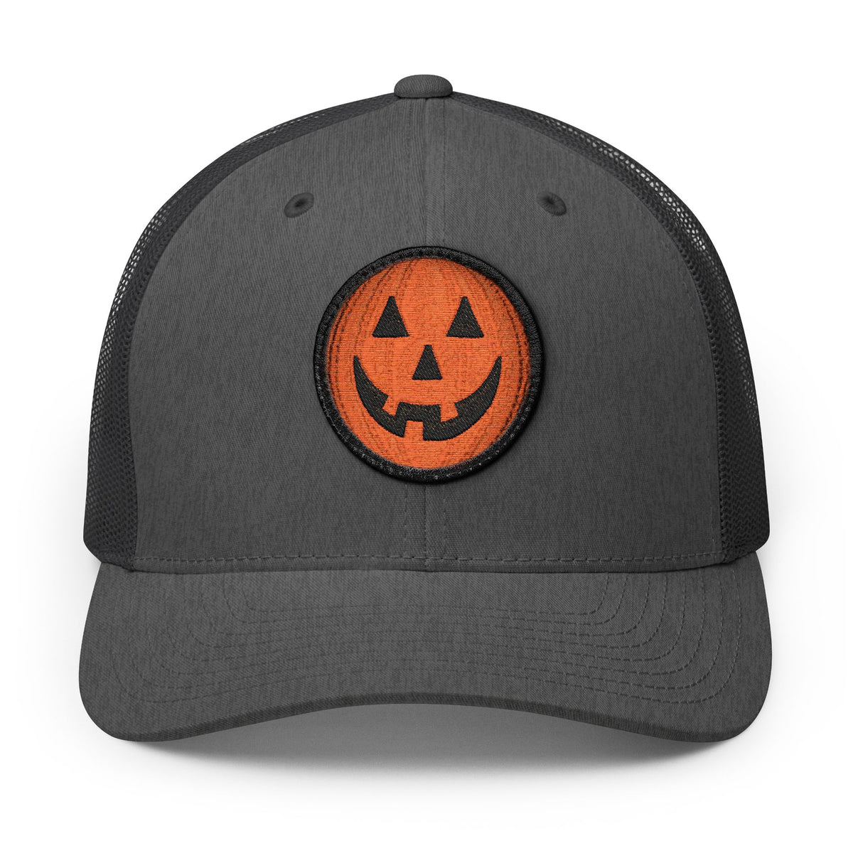 Halloween Pumpkin Jack-O’-Lantern Trucker Cap Hats Printify Circle One size Dark Heather Gray / Black patch