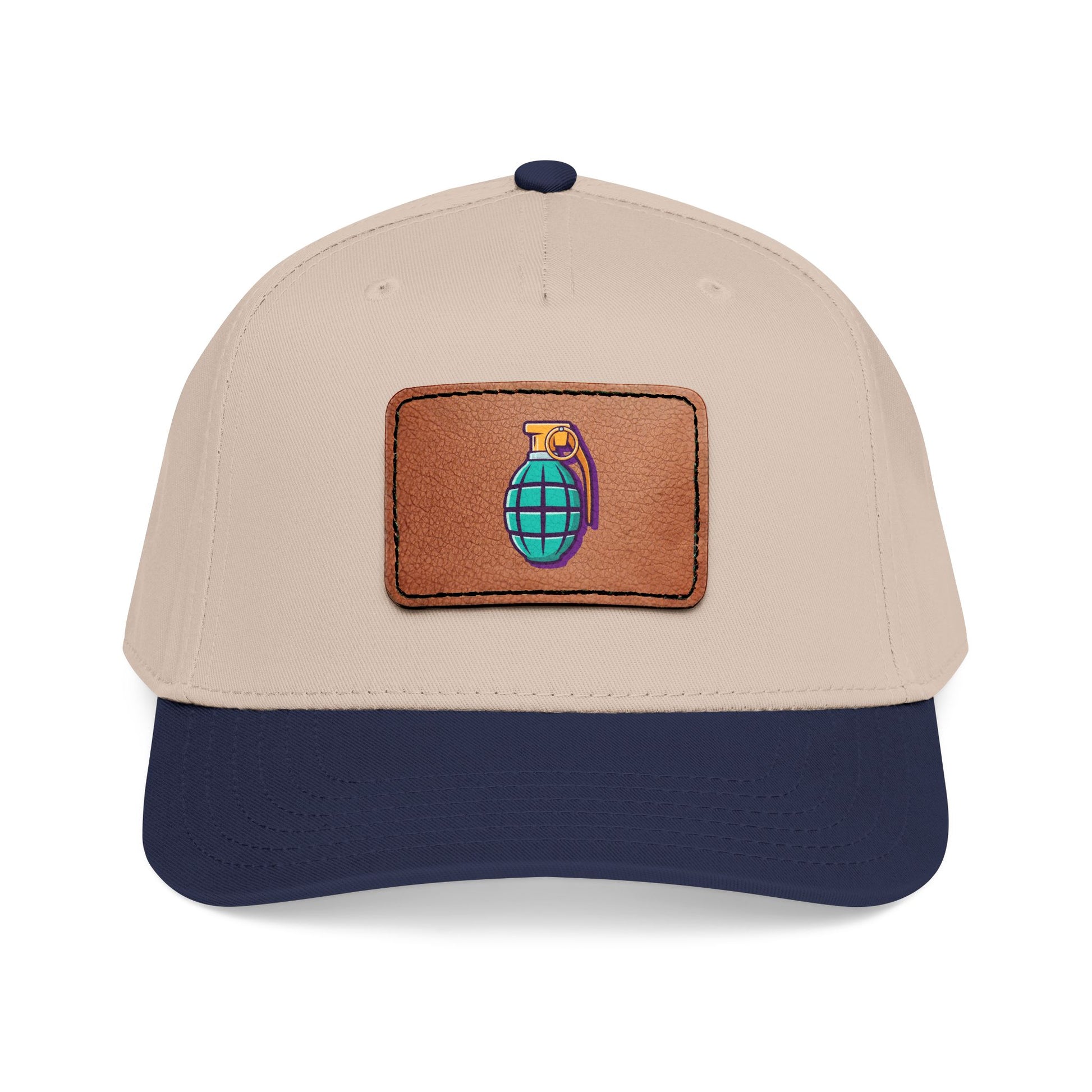 Leather Patch Baseball Cap — Retro Grenade Patch Hat Hats Printify One size Navy / Khaki / Light Brown patch Rectangle