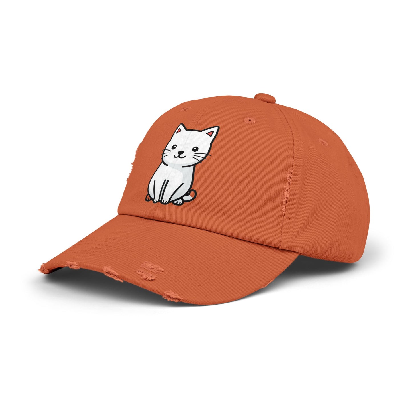 Distressed Black Cap with Cute White Cat Graphic Hats Printify