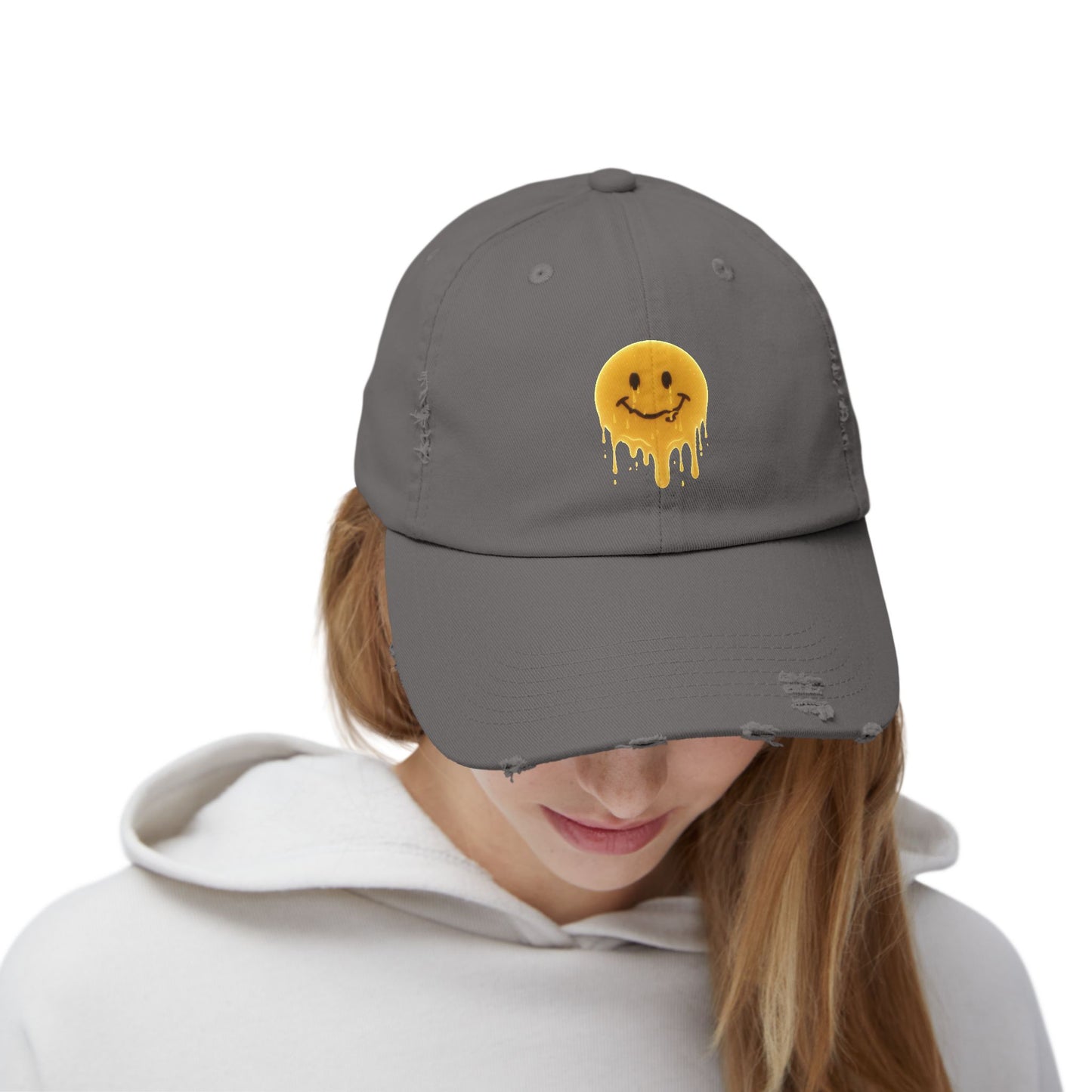 Distressed Melting Smiley Cap — Grunge Drip Dad Hat