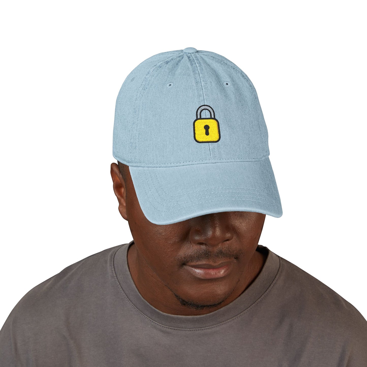 Embroidered Lock Denim Hat — Minimal Yellow Padlock Cap