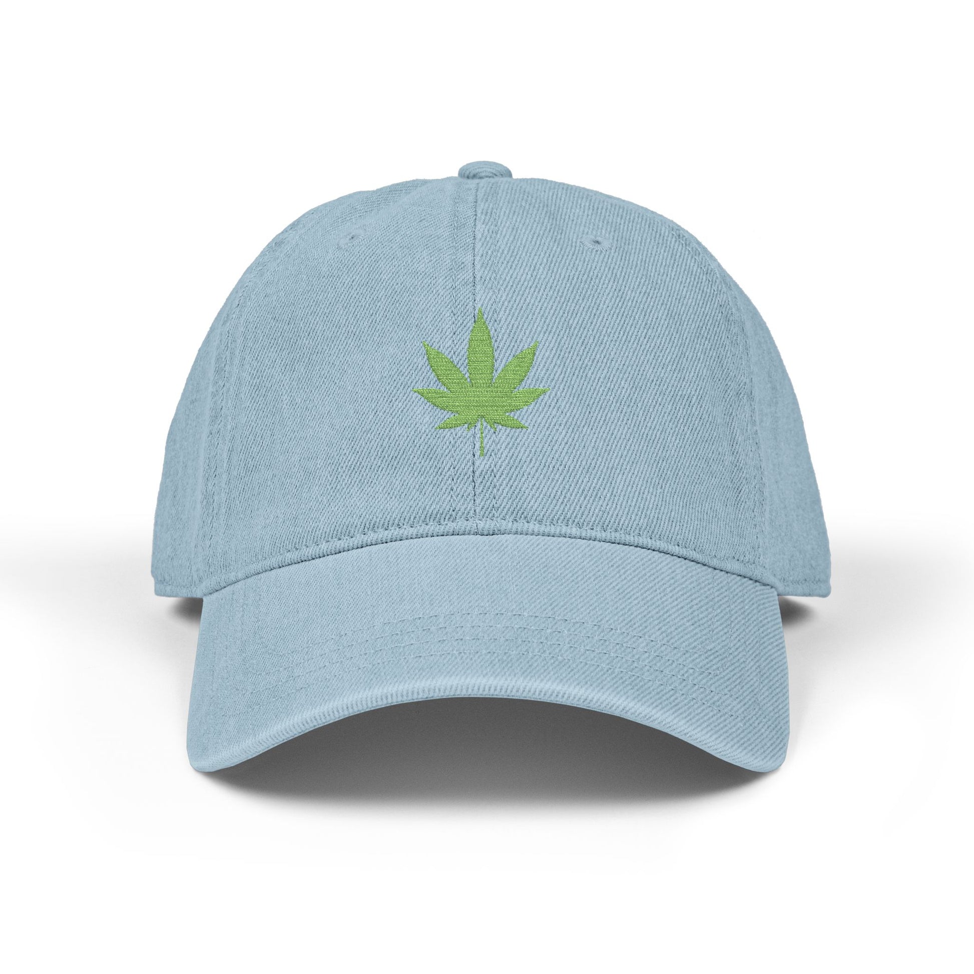 Embroidered Cannabis Leaf Denim Hat – Green Marijuana Patch Cap Hats Printify One size Light Blue