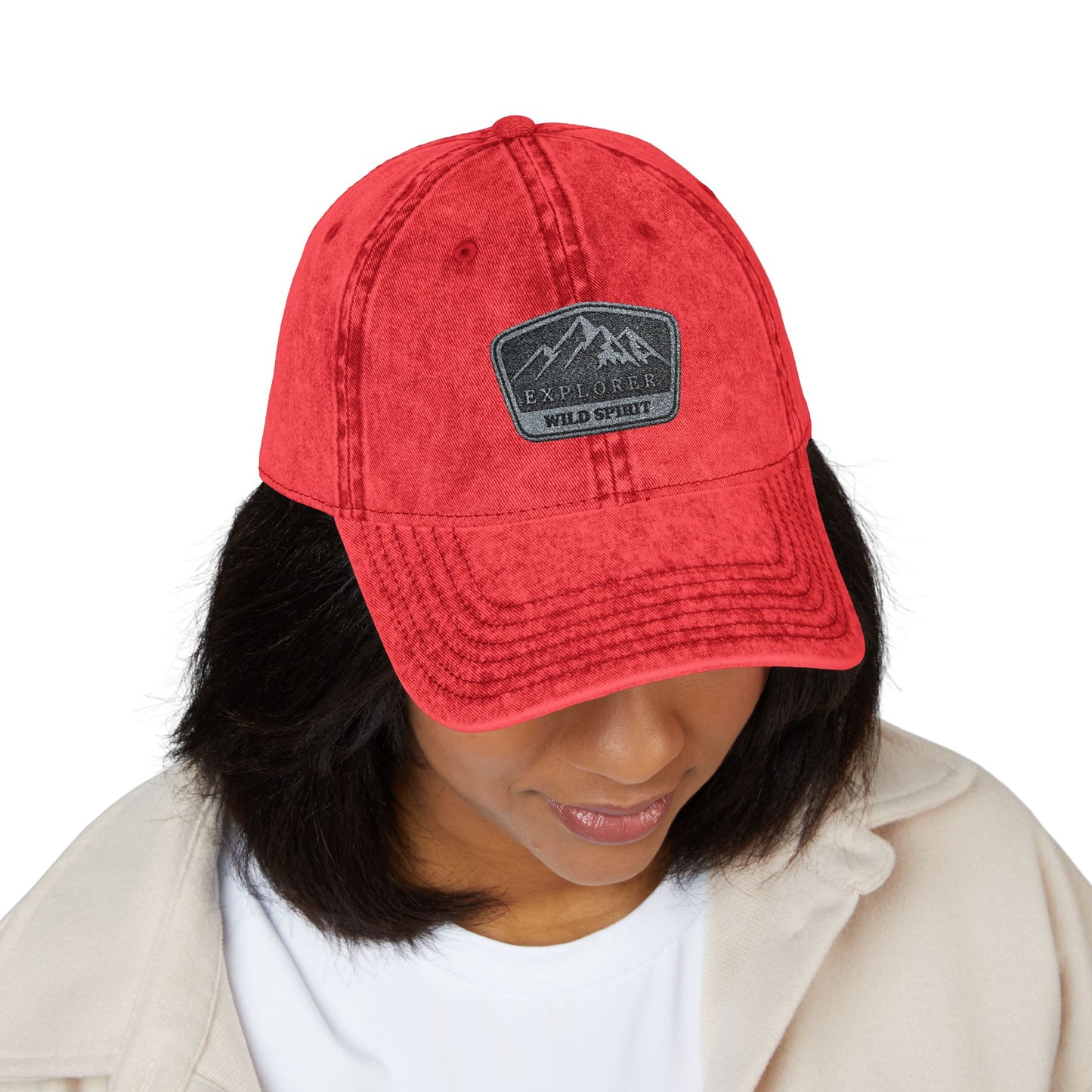 Vintage Embroidered Mountain Patch Cap — Washed Red Dad Hat Hats Printify