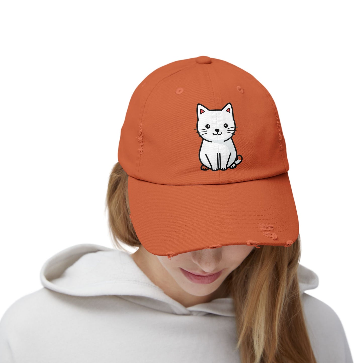 Distressed Black Cap with Cute White Cat Graphic Hats Printify