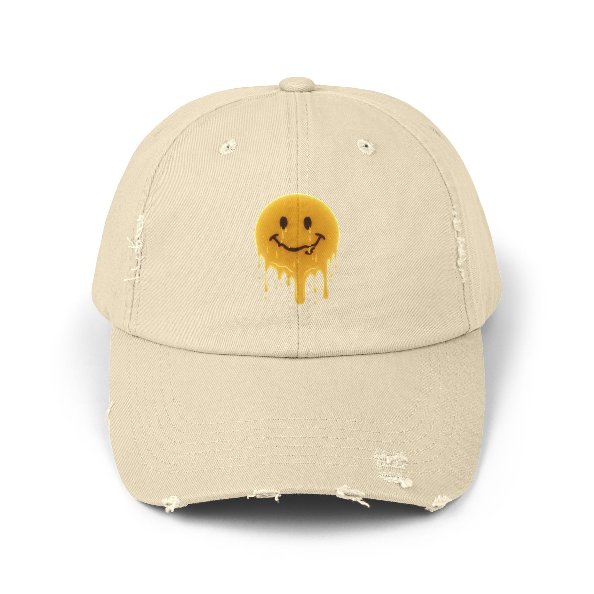 Distressed Melting Smiley Cap — Grunge Drip Dad Hat Hats Printify Stone One size