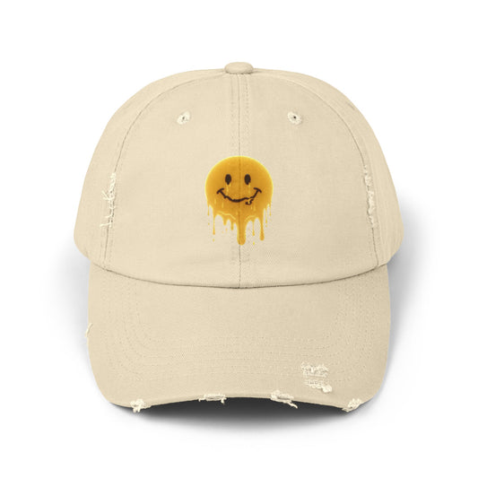 Distressed Melting Smiley Cap — Grunge Drip Dad Hat Hats Printify Stone One size