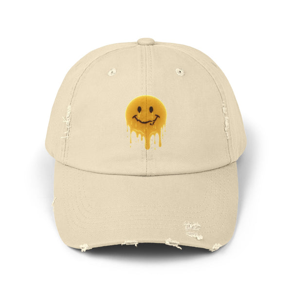 Distressed Melting Smiley Cap — Grunge Drip Dad Hat Hats Printify Stone One size