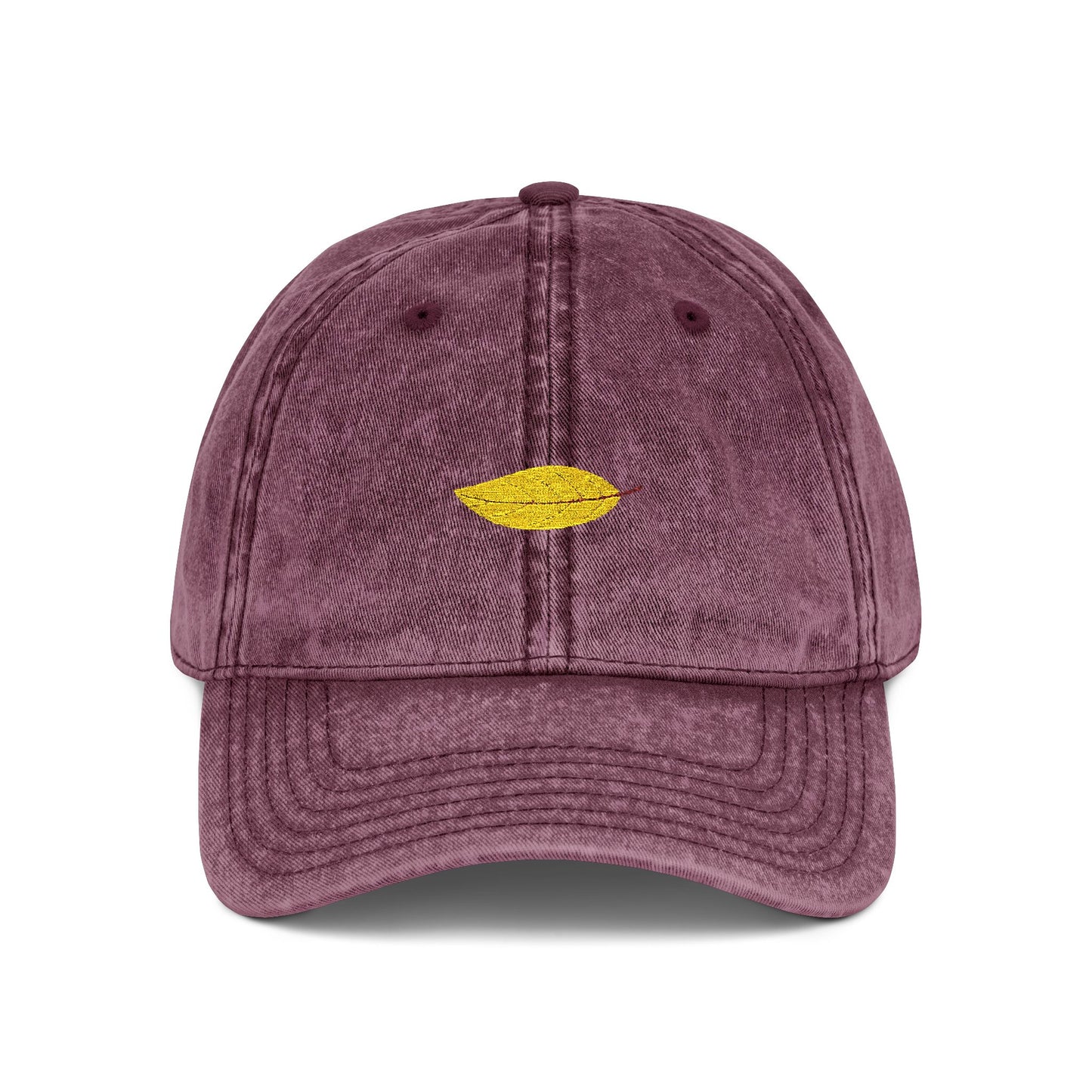 Embroidered Vintage Red Cap with Gold Lip Accent – Distressed Dad Hat Hats Printify One size Maroon