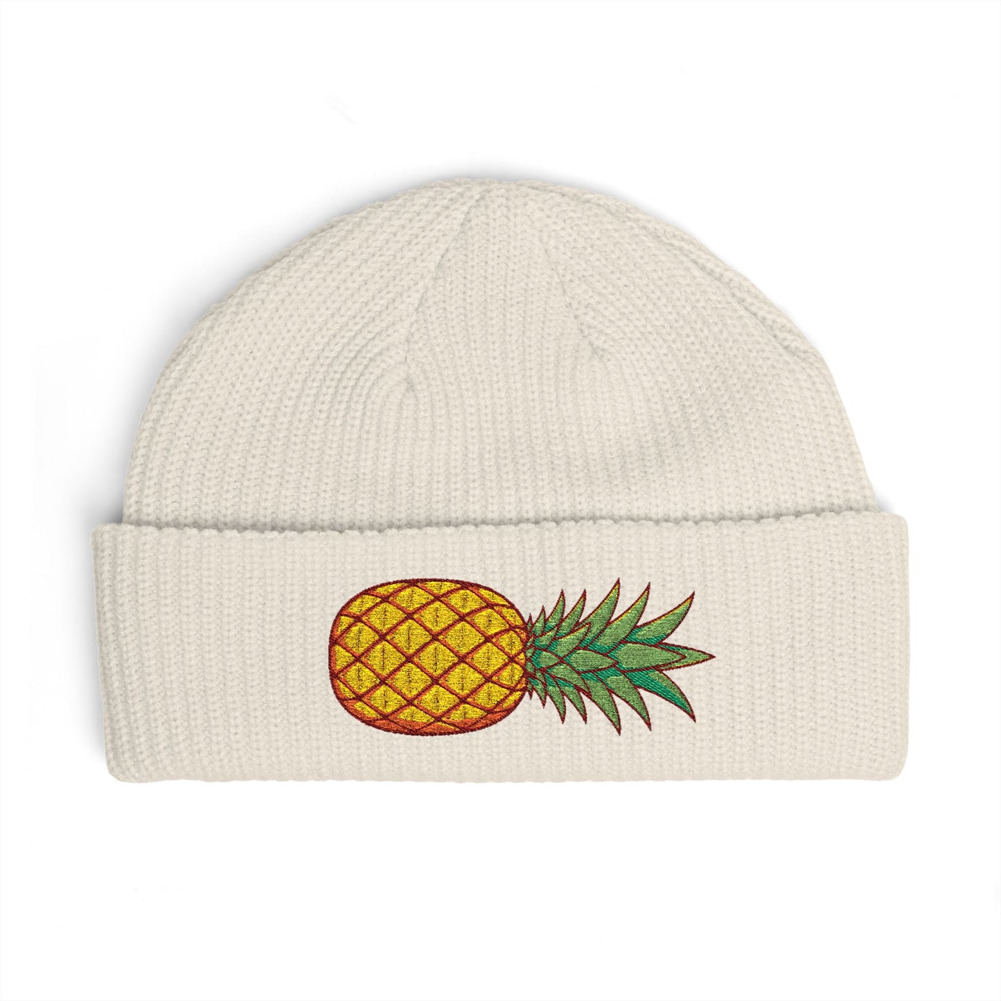 Pineapple Embroidered Cuff Beanie – Tropical Knit Winter Hat Hats Printify One size Ecru