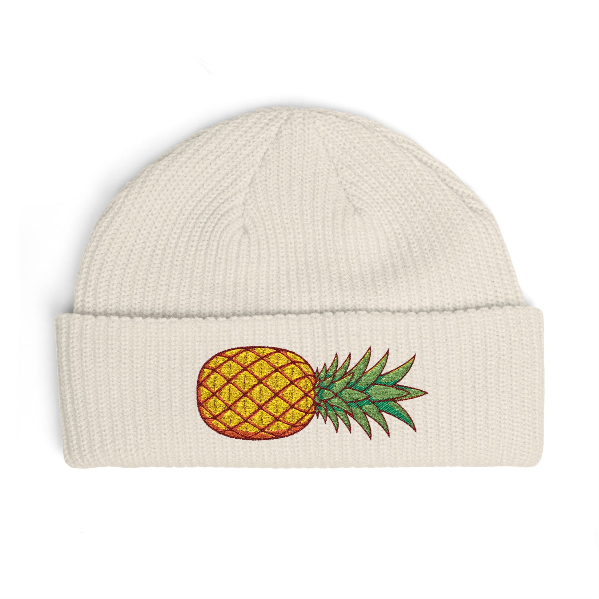 Pineapple Embroidered Cuff Beanie – Tropical Knit Winter Hat Hats Printify One size Ecru