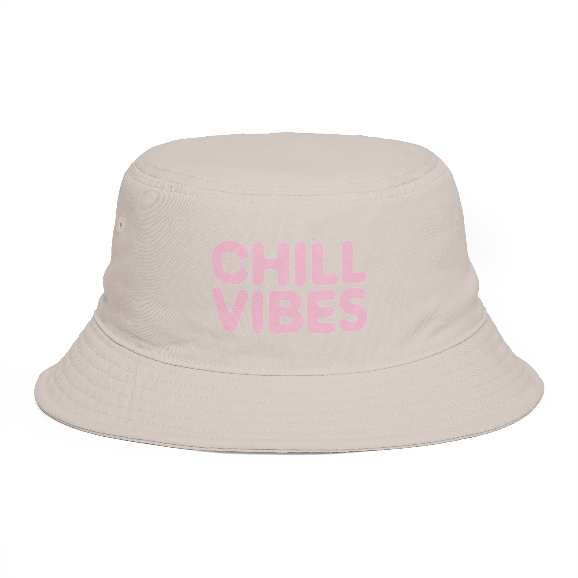 Chill Vibes Bucket Hat — Retro Pink Text Cotton Sun Hat Hats Printify One size Bone